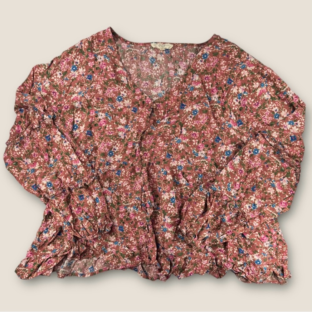 Easel Pink and‎ Blue Floral Peplum Blouse